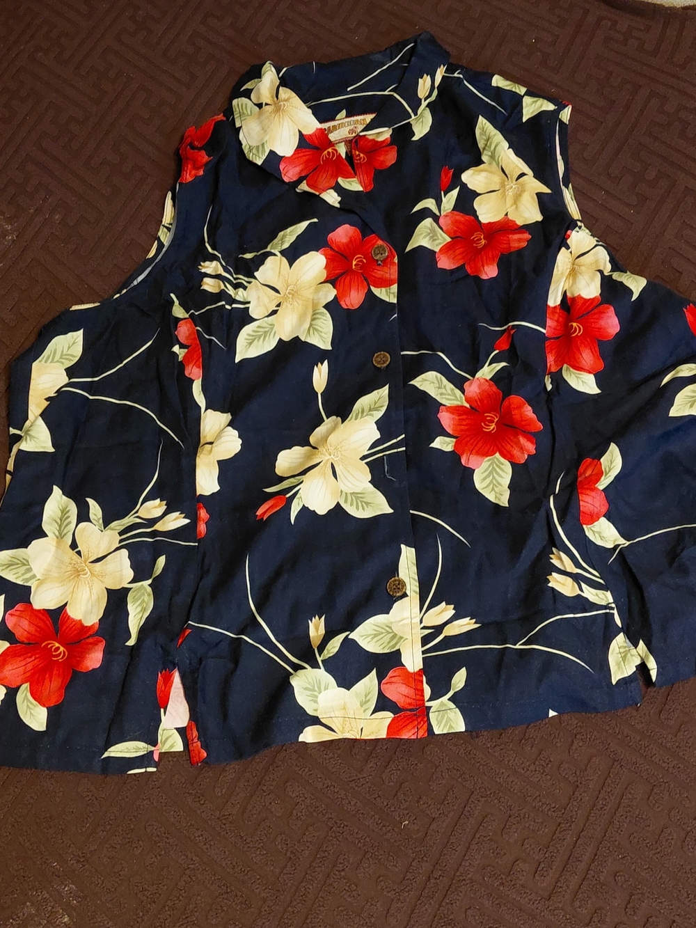 Caribbean Joe Navy Floral Button-Front Top with Red & Cream Blooms